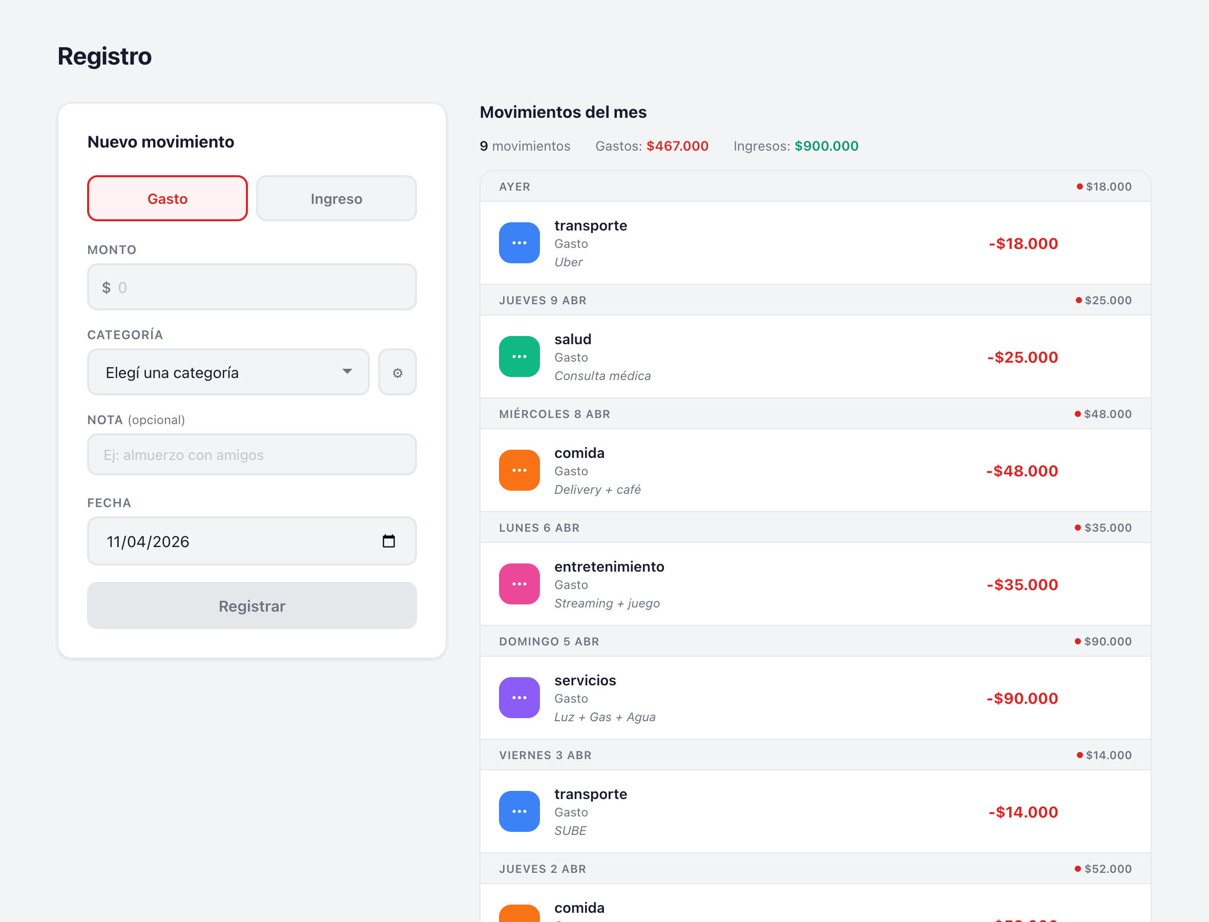 Registro de movimientos en guita.